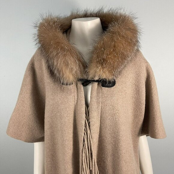 Mitchie's 100%Wool Hooded Poncho Cape Fox Fur Trim Beige Tan Coat - Picture 5 of 16
